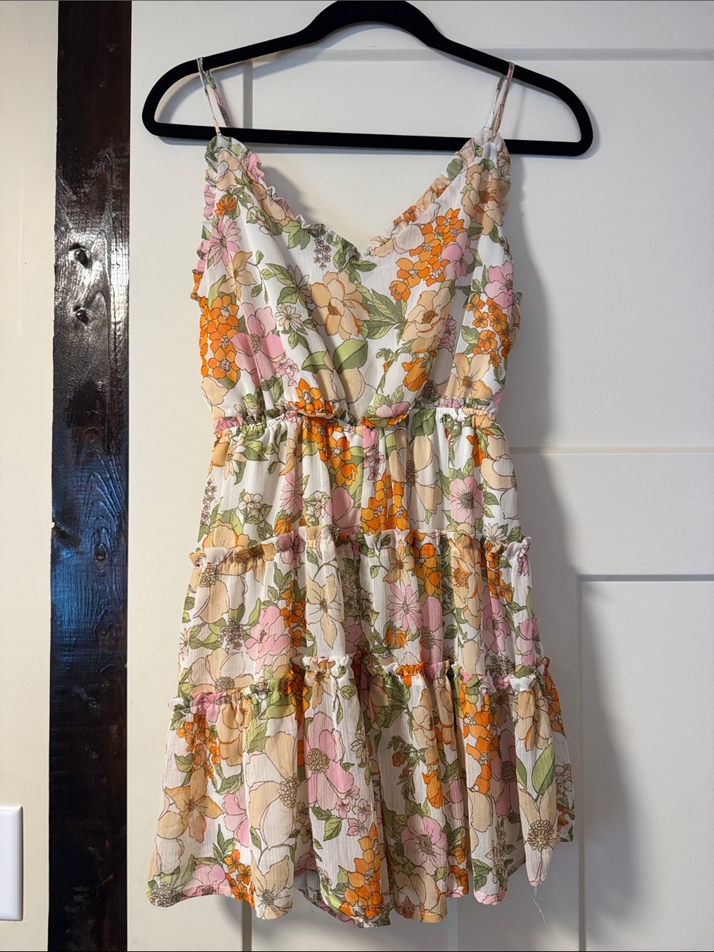 Blu Pepper Floral Tiered Spaghetti Strap Romper in White, Orange & Pink
